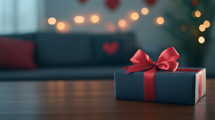 beautifully wrapped gift box with red ribbon sits on wooden table, creating warm and inviting atmosphere.