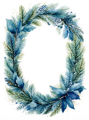 Watercolor oval winter frame with blue pine branches and flowers, hand-painted botanical illustration with copy space.