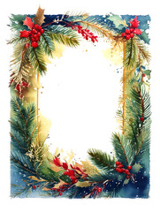 Rectangle frame with pine branches and holly with red berries. Vintage style, winter theme. Copy space, for Christmas cards and posters