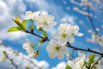 Fototapeta premium Cherry tree blossoms with white flowers in spring under a blue sky