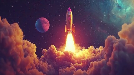 Obraz premium Rocket launching through colorful clouds and nebula into space.