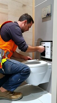 Plumber installing a wall hung toilet in a modern bathroom