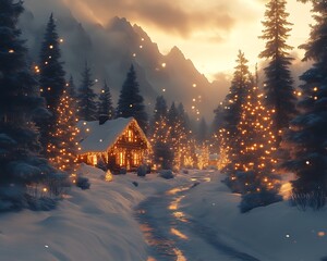 Cozy winter cabin nestled in a snow-covered mountain valley with illuminated pine trees.