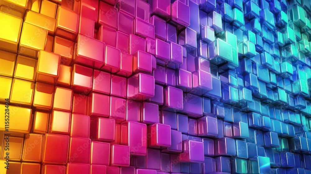 Poster abstract background of colorful glossy cubes transitioning from orange to blue.