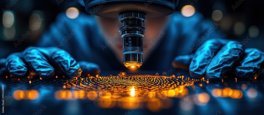 Poster microscope analyzing fingerprint on circuit board in lab.