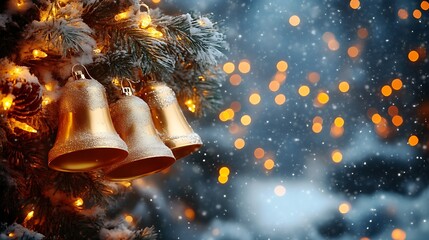 Golden bells on snow-covered Christmas tree.