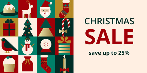 Rectangular banner with bright geometric icons of Christmas and New Year for sale in minimal style. Layout for cover, advertisement, offer, label. Flat vector illustration