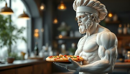 Marble statue of muscular man in chef's hat holding pizza against blurred restaurant background. Public catering and Italian cuisine concept. Renaissance sculpture for wallpaper, poster