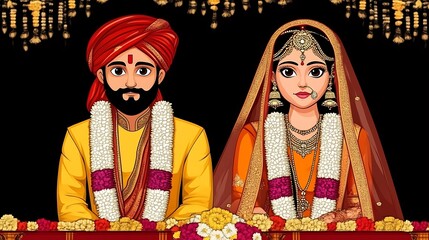 Indian bride and groom at wedding ceremony.