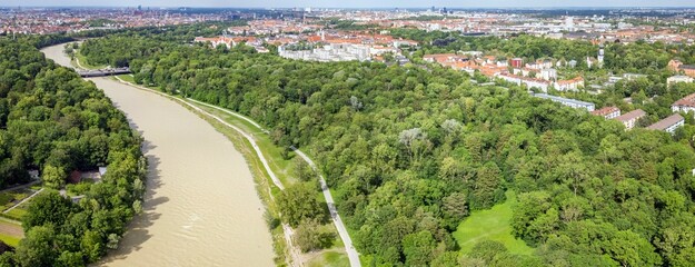 Summer River Isar in Munich Flood Panoramic View from above. Current and lots of water City and...