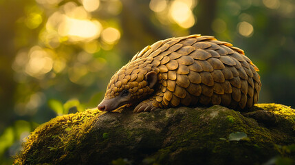 Pangolin Close-Up on Mossy Rock in Jungle Clearing