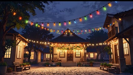 Fototapeta premium A village square decorated with Easter garlands and lights, holiday promo poster Easter sale banner background, vibrant colors, romantic love and harmony