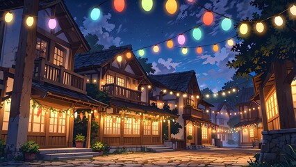 Fototapeta premium A village square decorated with Easter garlands and lights, holiday promo poster Easter sale banner background, vibrant colors, romantic love and harmony