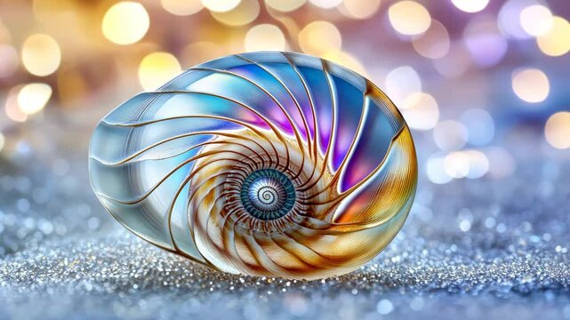 Colorful nautilus shell resting on sparkling surface with dreamy background illumination