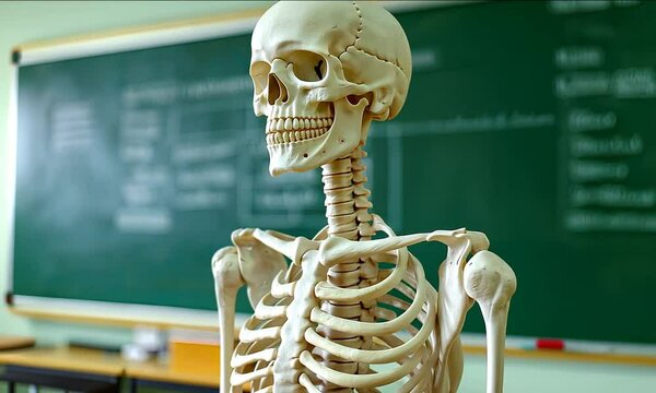 Human skeleton in a school science and anatomy classroom.