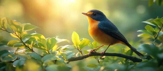Colorful bird perched on a sunlit branch.