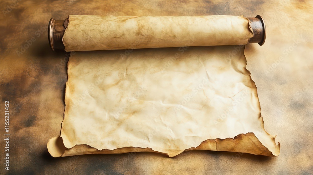 Aufkleber aged parchment scroll unfurled on rustic background, blank space for text or image.