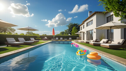 Modern Luxurious Villa with garden and swimming pool, Generative AI
