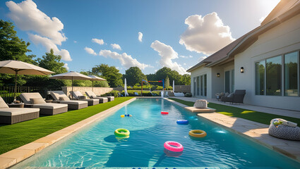 Modern Luxurious Villa with garden and swimming pool, Generative AI
