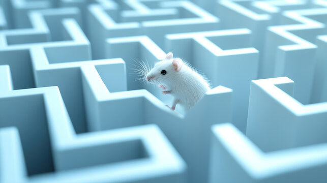 A mouse runs through a maze. The concept explores problem-solving, curiosity, learning, and experimentation. Generative AI.