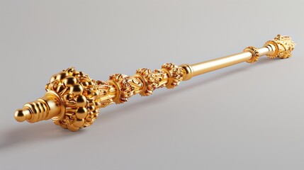 A majestic golden scepter with intricate carvings, isolated on a clean studio backdrop.