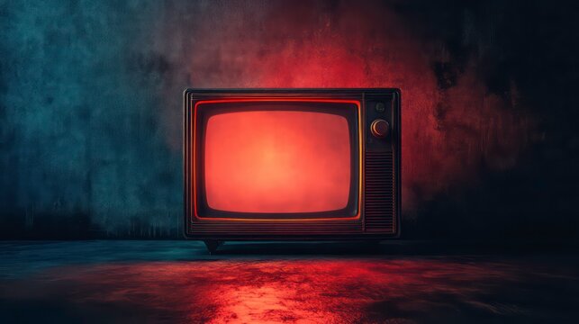 Vintage TV with static screen and red glow