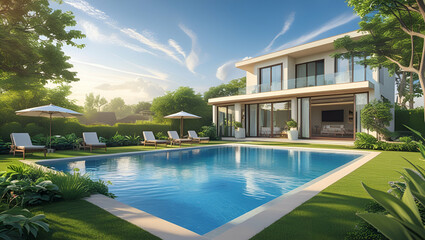 Modern Luxurious Villa with garden and swimming pool, Generative AI
