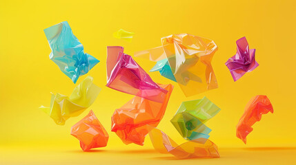 Vibrant floating plastics dance against a sunny backdrop, creating a festive and dynamic visual experience