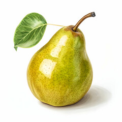 Fresh ripe pear with vibrant green leaves isolated on a white background