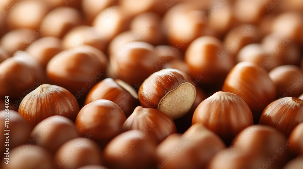Poster nuts scattered on a surface showing light brown hazelnuts with smooth shells and natural texture