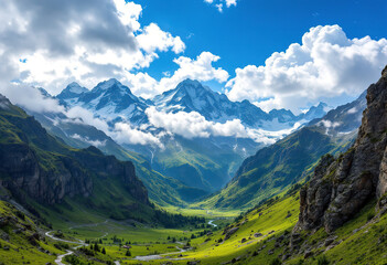 Fototapeta premium A scenic mountain landscape with snow-capped peaks, lush green valleys, and dramatic rocky cliffs. The sky is filled with fluffy white clouds against a vibrant blue backdrop