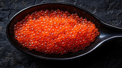 Red caviar in a black spoon on a dark stone surface.