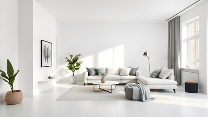Fototapeta premium Minimalist modern living room in white tones. Generative AI