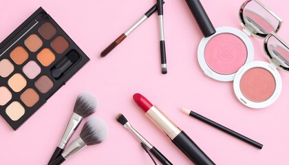 Flat Lay of Makeup Products on a Pink Background
