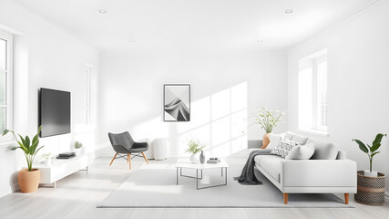 Fototapeta premium Minimalist modern living room in white tones. Generative AI
