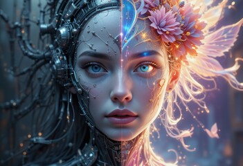 Cybernetic Bloom: A Digital Portrait of Dual Nature