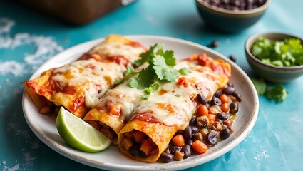 Mexican enchilada dish with sweet potatoes, corn, tomato salsa, black beans and cheese