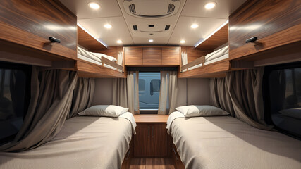Camping in a trailer, rv bedroom interior, nobody. Generative AI