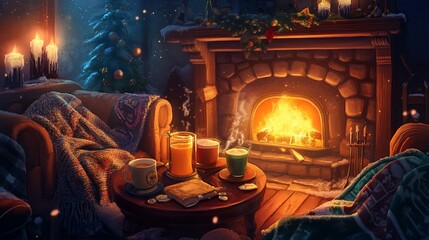 Cozy Christmas evening by fireplace with hot drinks and candles.