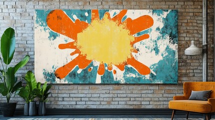 A vibrant abstract painting featuring a yellow splash on a textured blue and orange background.