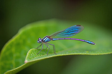 Naklejka premium Dragonfly green leaf iridescent wings slender body perched