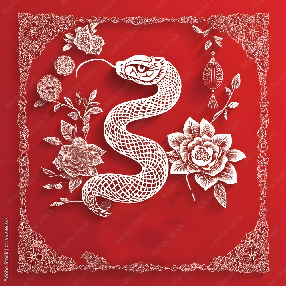 Poster a card with intricate paper-cut designs of a snake and the text 
