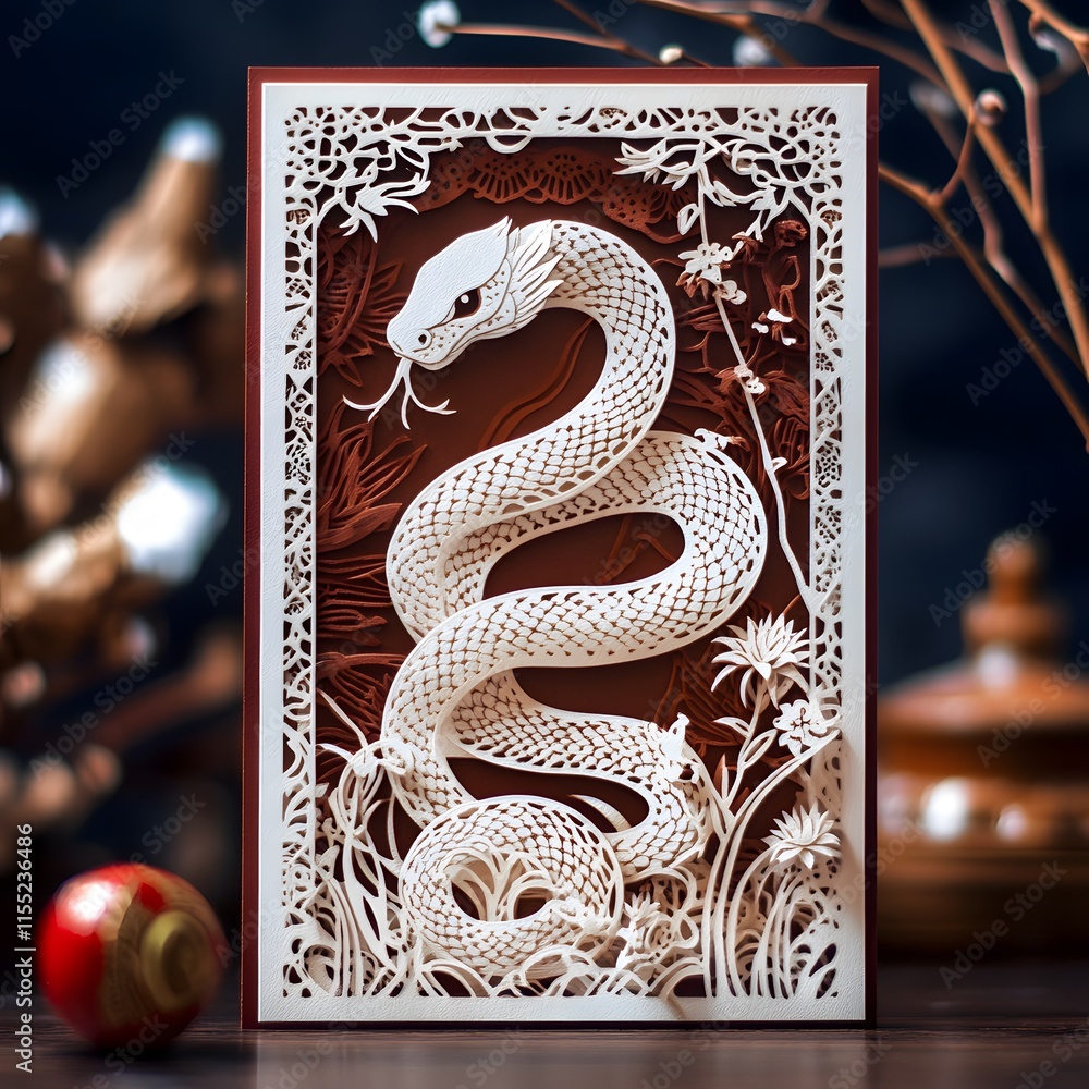 Poster a card with intricate paper-cut designs of a snake and the text 