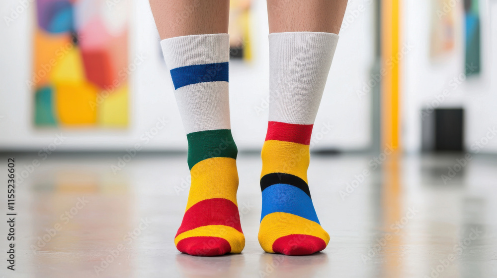 Poster quirky socks lovers concept. colorful socks with playful patterns in modern gallery setting