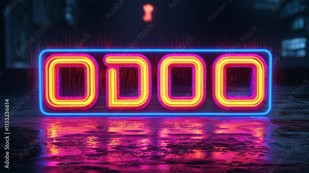 Poster neon sign displaying 'odoo' in a cyberpunk setting.
