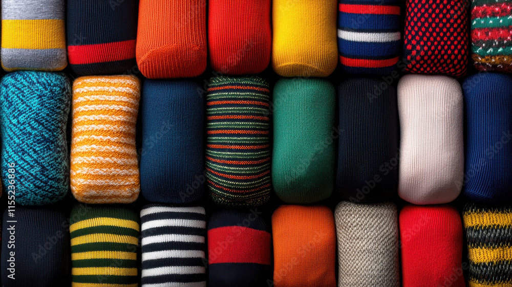 Poster quirky socks lovers concept. colorful socks arranged neatly in quirky drawer, showcasing various pat
