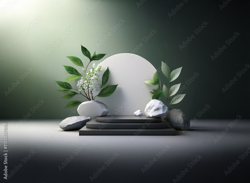 Poster serene scene: a minimalist 3d rendering of a tiered display platform adorned with smooth stones and 