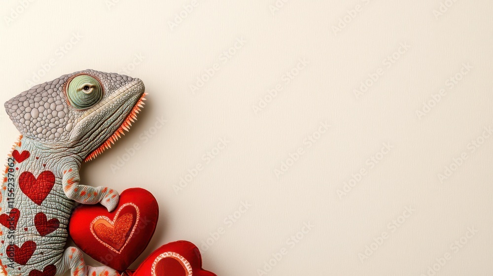 Poster a colorful chameleon holds red hearts, creating a whimsical and playful scene perfect for themes of 