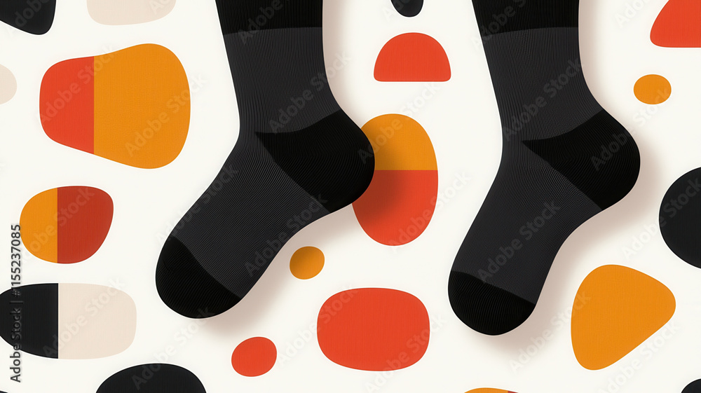 Poster quirky socks lovers concept. black socks with abstract patterns on colorful background