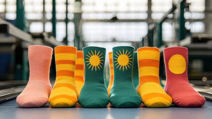 quirky socks lovers concept. Colorful socks in whimsical factory line, showcasing unique designs